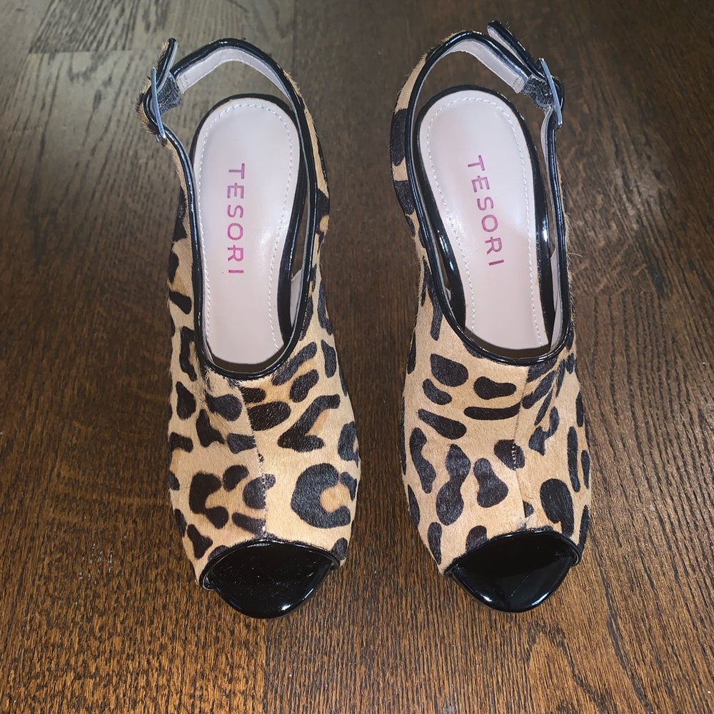 TESORI Leopard Print Calf Hair Platform Stiletto Peep Toe Patent Heels Shoes 4M